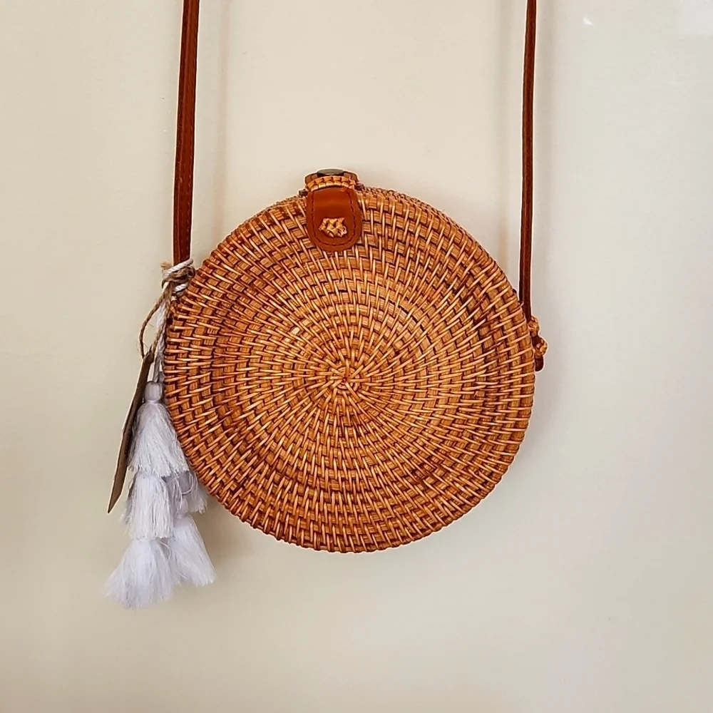 Handcrafted in Vietnam Woven Circle Crossbody Bag Leather Accents Boho Beachy